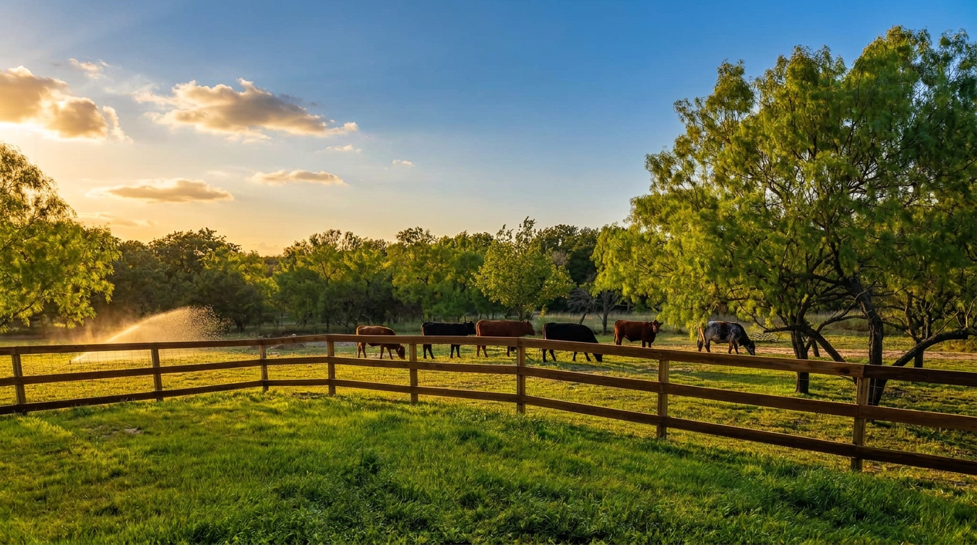 Sunlit pasture and rail fence at Flying Spur Ranch